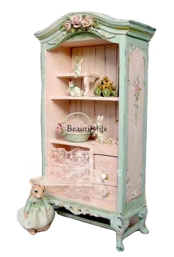 

4French Retro Carved Solid Wood Wardrobe Bedroom Storage European Style Painted Bookcase Furniturelx