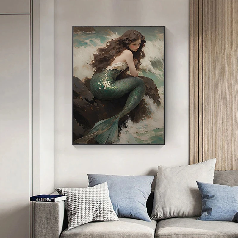 Vintage The Mermaid on The Reef Poster Legendary Mythology Ladies Canvas Painting Print Aesthetic Wall Art Picture Home Decor