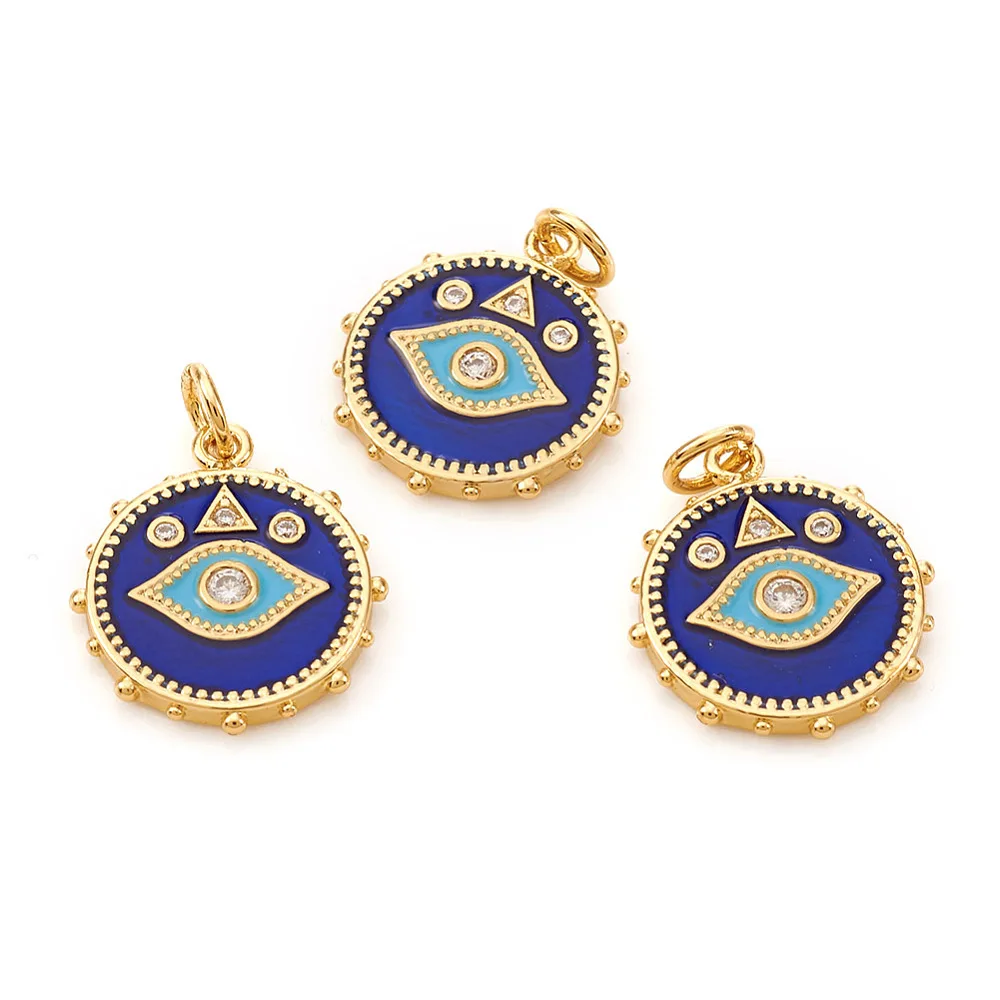 10 pcs Brass Cubic Zirconia Pendant  Flat Round with Evil Eye Blue Gold Plated for Making  Jewelry Necklace Earring Key Chain