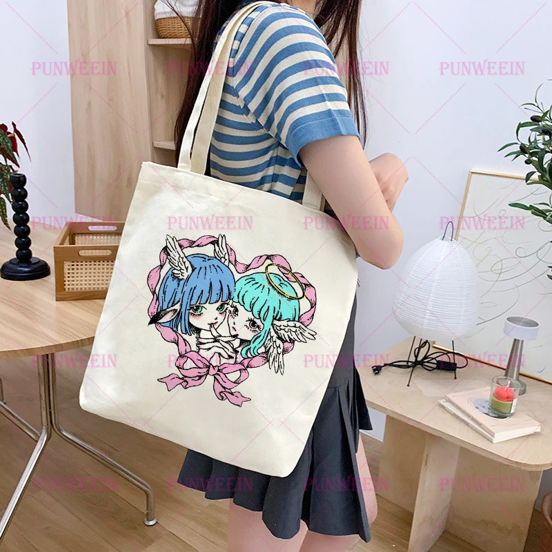 Bolso de lona con estampado divertido de dibujos animados kawaii, ropa de calle japonesa, bolso Harajuku, bolso de compras Y2K, bolso de hombro Vintage para chica dulce