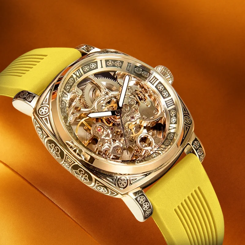 

A men's yellow tape casual sporty carved case design skeletonized automatic mechanical watch