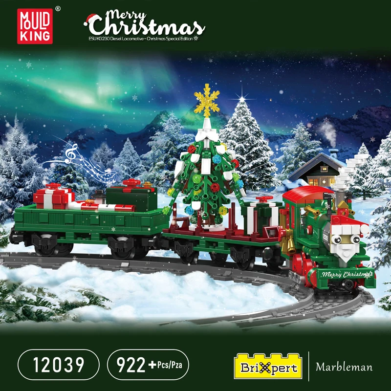 MOULD KING 12039 Remote Control Christmas Train Building Blocks Technology Buildable Diesel Locomotive Toys Set for Kids