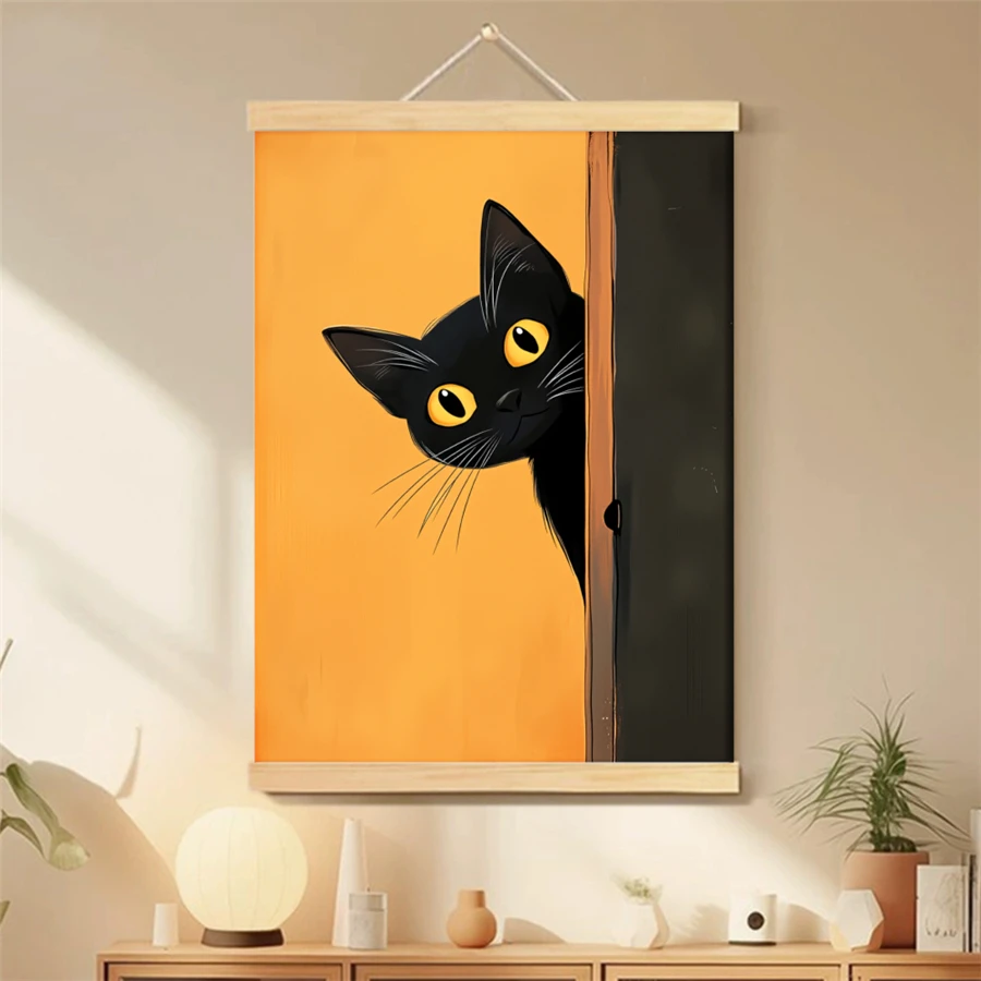 2D plano, 1 pieza, clásico, moderno, gato negro, arte impreso, colgador de desplazamiento, pintura en lienzo, pintura colgante de pared, habitación, dormitorio, cocina, Fam