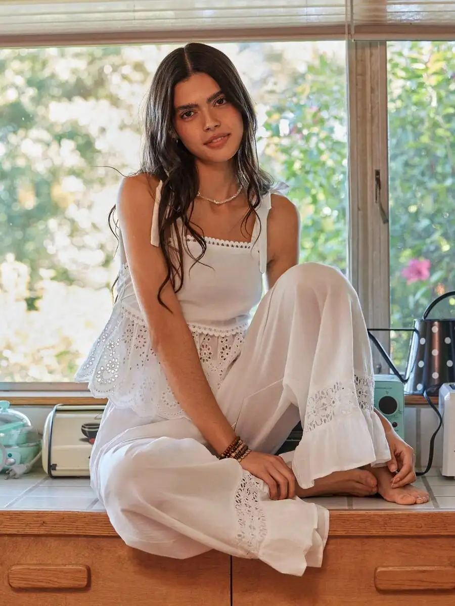 

Bohemian Spaghetti Strap Cotton Lace Pajama Set Women Summer Lounge Wear