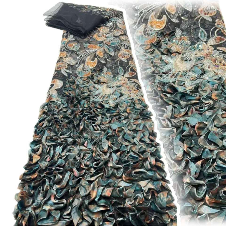 

African French 3D Lace Fabric 2025 High Quality Lace Embroidered Nigerian Sequins Tulle Lace 5 Yards for Sew Party Dress CC1657