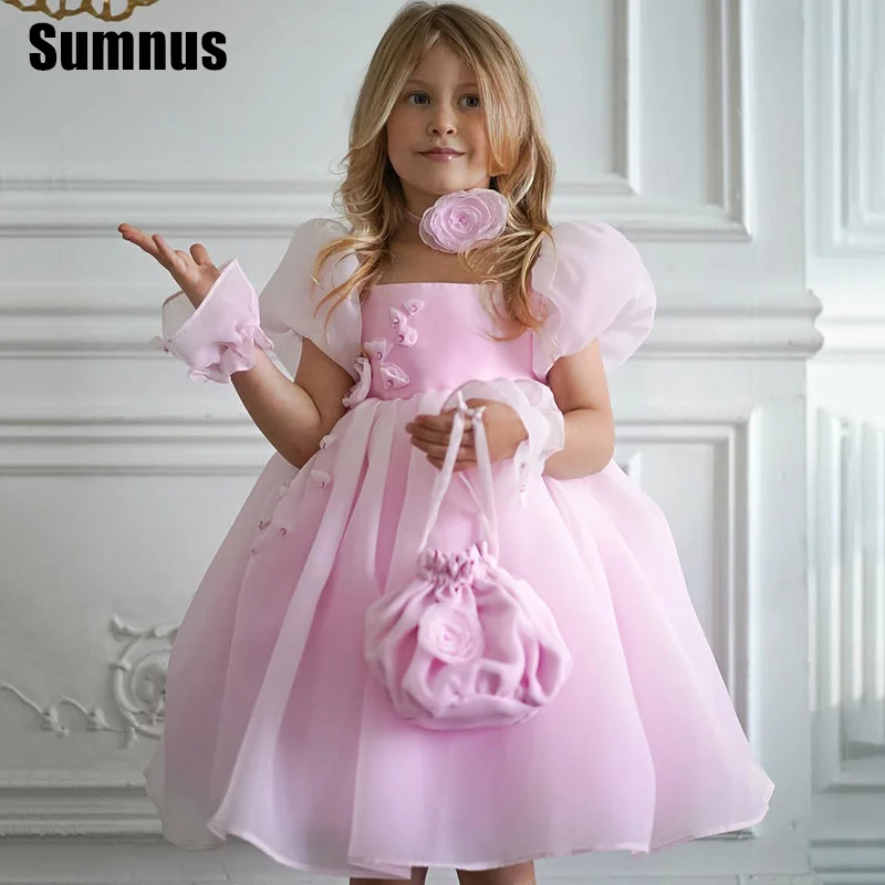 SUMNUS-Robes de demoiselle d'honneur A-Line rose clair, jolies fleurs, col rond, longueur au genou, occasion de mariage, quel que soit personnalisé