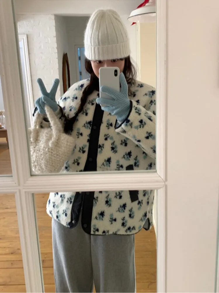 Koreański płaszcz z futra jagnięcego, dwustronny, z efektem matowego wykończenia, w kwiatowy wzór, kolorowy, bawełniany, damski, leniwy płaszcz zimowy, odzież wierzchnia.