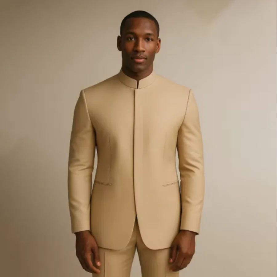 

Latest Design Men Suits Slim Fit 2 Piece Jacket Pants Formal Single Breasted Stand Collar Terno Blazer Sets Custom Male Clothing