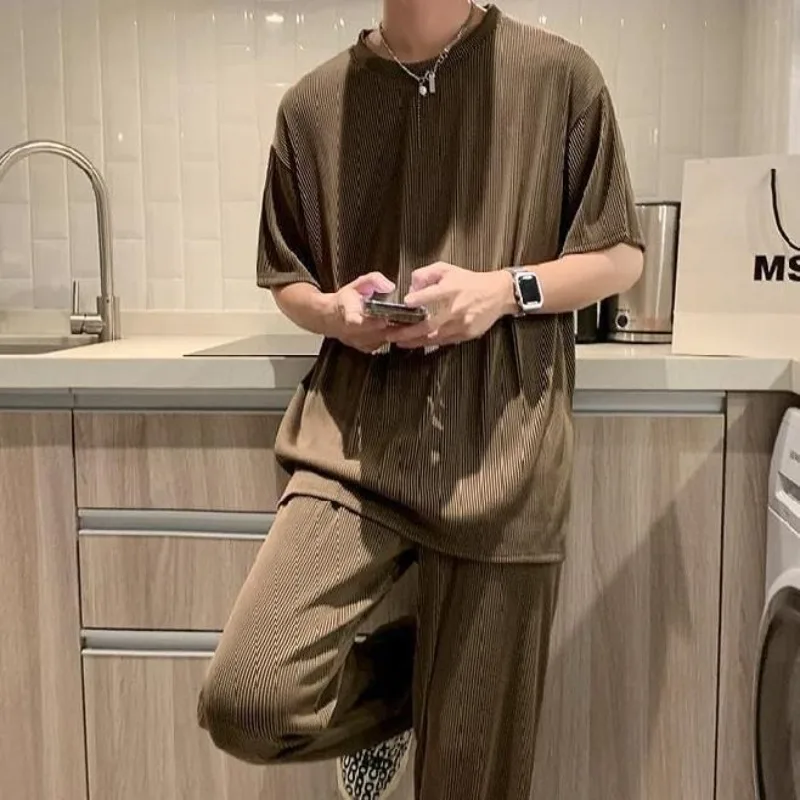 Ice Silk Sports Suit Gentleman Summertime Thin Fallow Long Pants Short Sleeve T-shirt Quick-drying Draping Clothes Loungewear