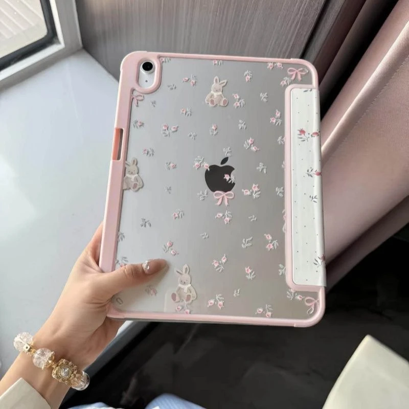 Cute Pink Floral Bunny Bow Tablet Case For iPad Pro 11 12.9 13 A16 M2 M4 M3 M5 Shell 5/6/7/8/9/10/11th Mini Air 3 4 5 6 7 Cover