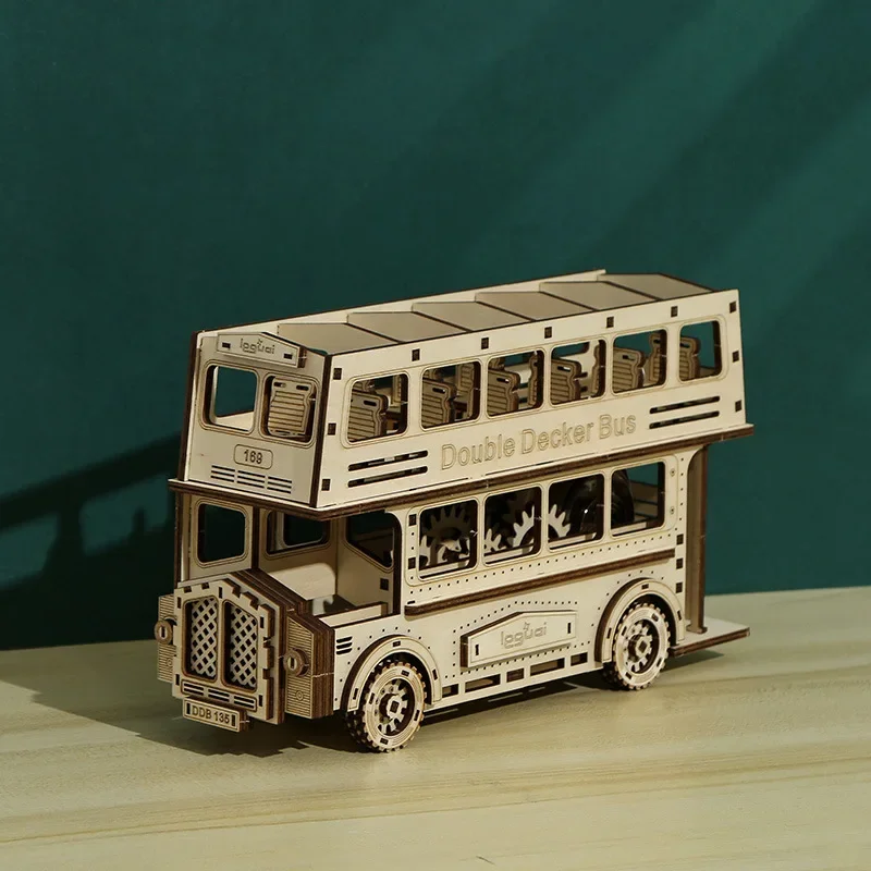 Quebra-cabeças de madeira 3d, modelo de ônibus de dois andares, kits de blocos de construção de madeira, montagem diy, brinquedo para crianças e adultos, coleção de presente