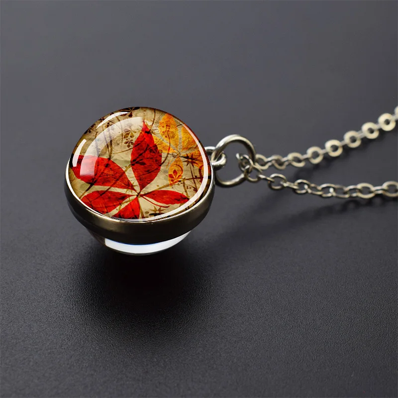 New Fashion  Double Sided Glass Ball Pendant Autumn Leaf Nature Necklace Fall Leaves Forest Jewelry for Best Friend