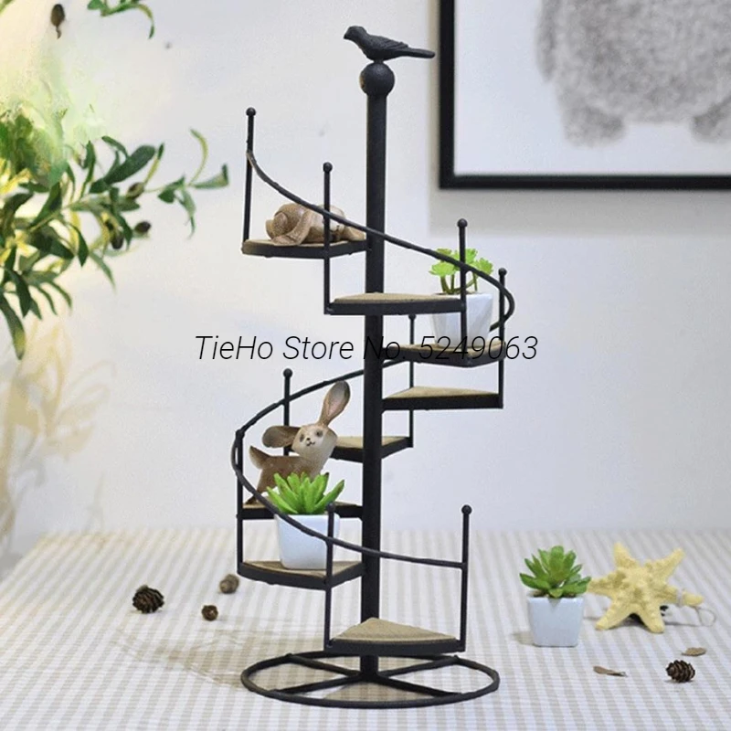 Nordic Wrought Iron Retro Flower Stand Solid Wood Multi-layer Patio Plant Pot Shelf Living Room Stair Shape Floor Flower Holder