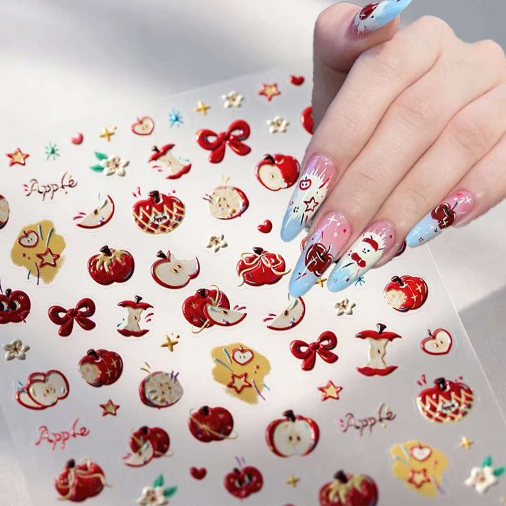 5D クリスマススイートレッドアップルネイルステッカースターボウノットかわいいフルーツ自己粘着ネイルアートデコレーションチャーミングマニキュアデカール