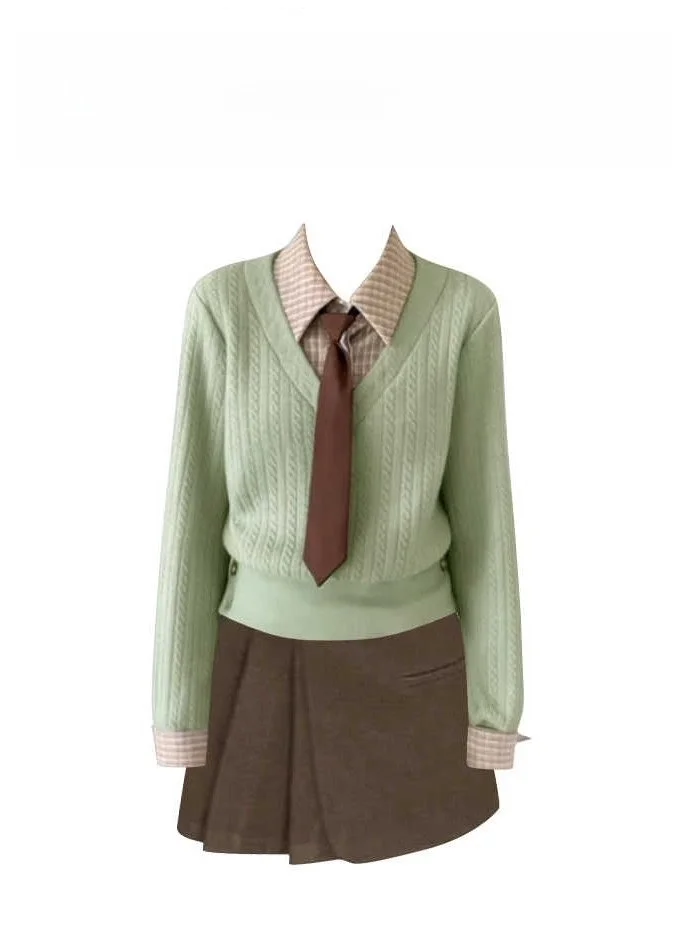 

Комплект с эффектом похудения: корейский вязаный костюм в холодных тонах с воротником-стойкой, универсальный, модный, весенняя коллекция, женская одежда