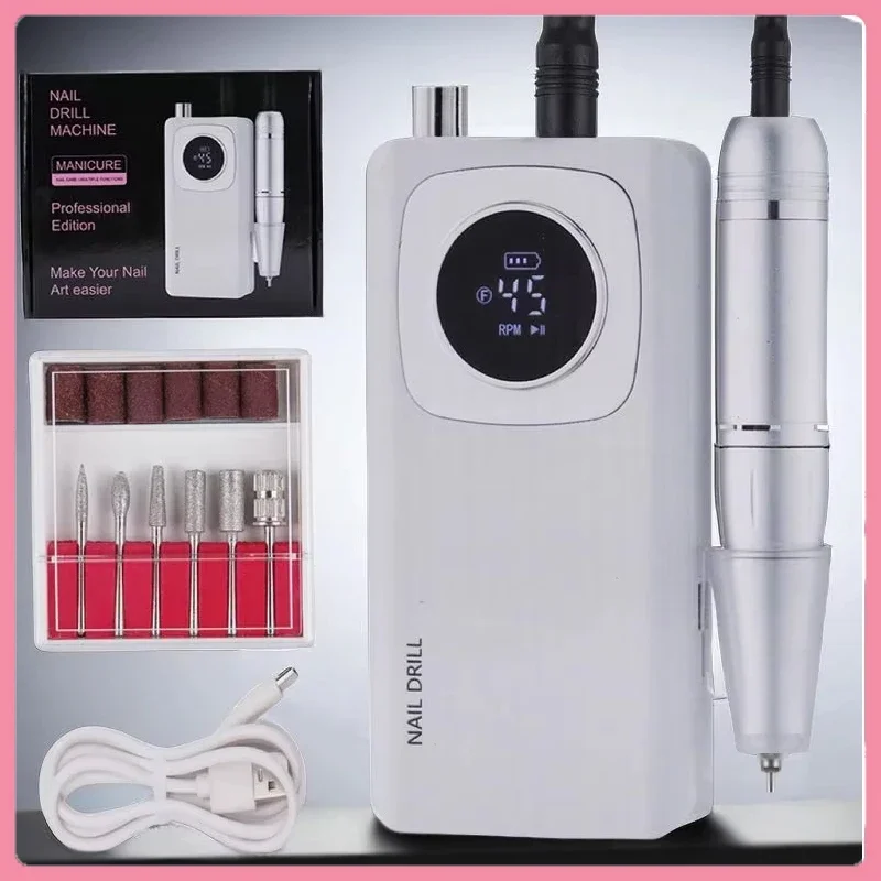 

Перезаряжаемая высокоскоростная дрель для ногтей 45000 об/мин с ЖК-дисплеем, малошумная профессиональная шлифовальная машина для лака для ногтей, комплект аксессуаров для дизайна ногтей