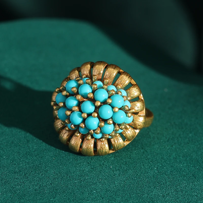 Victorian Retro 18K Gold Plated Adjustable Turquoise Cluster Ring - Luxurious Jewelry for Banquet & Daily Wear