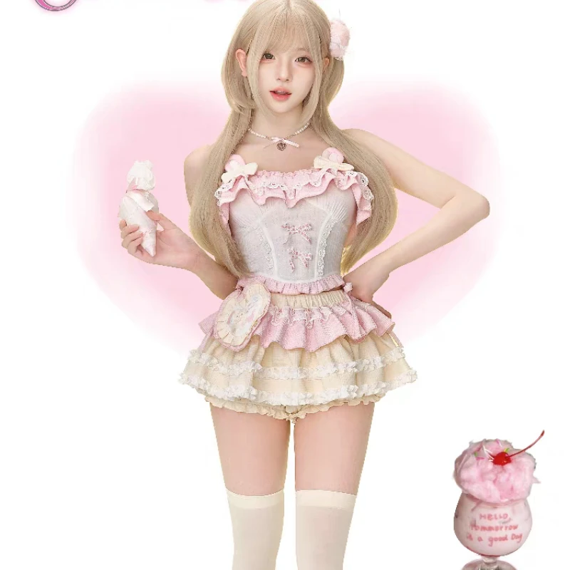 

Korean Sweet Lolita Style Skirt Set Women Kawaii Bow Pink Bunny Ear Top Ruffles Mini Cake Skirts Japanese Fashion Lolita Outfits