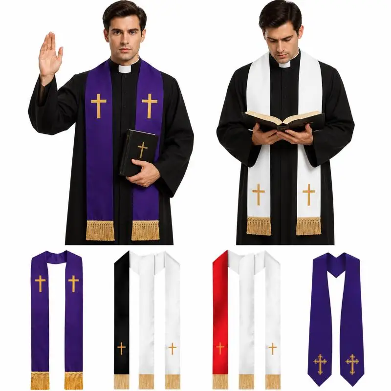 Reversible Priest Costume Stole Clergy Wrap Black White Double Sided Cross Embroidered Tassel Scarf Halloween Cosplay Accessory