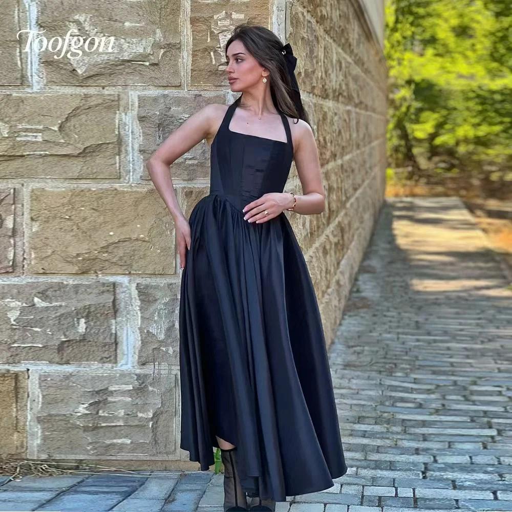 Sukienki na studniówkę z ramiączkami spaghetti Toofgon, czarna satynowa suknia wieczorowa, długa suknia w kształcie litery A na wesele/przyjęcie, możliwość personalizacji.