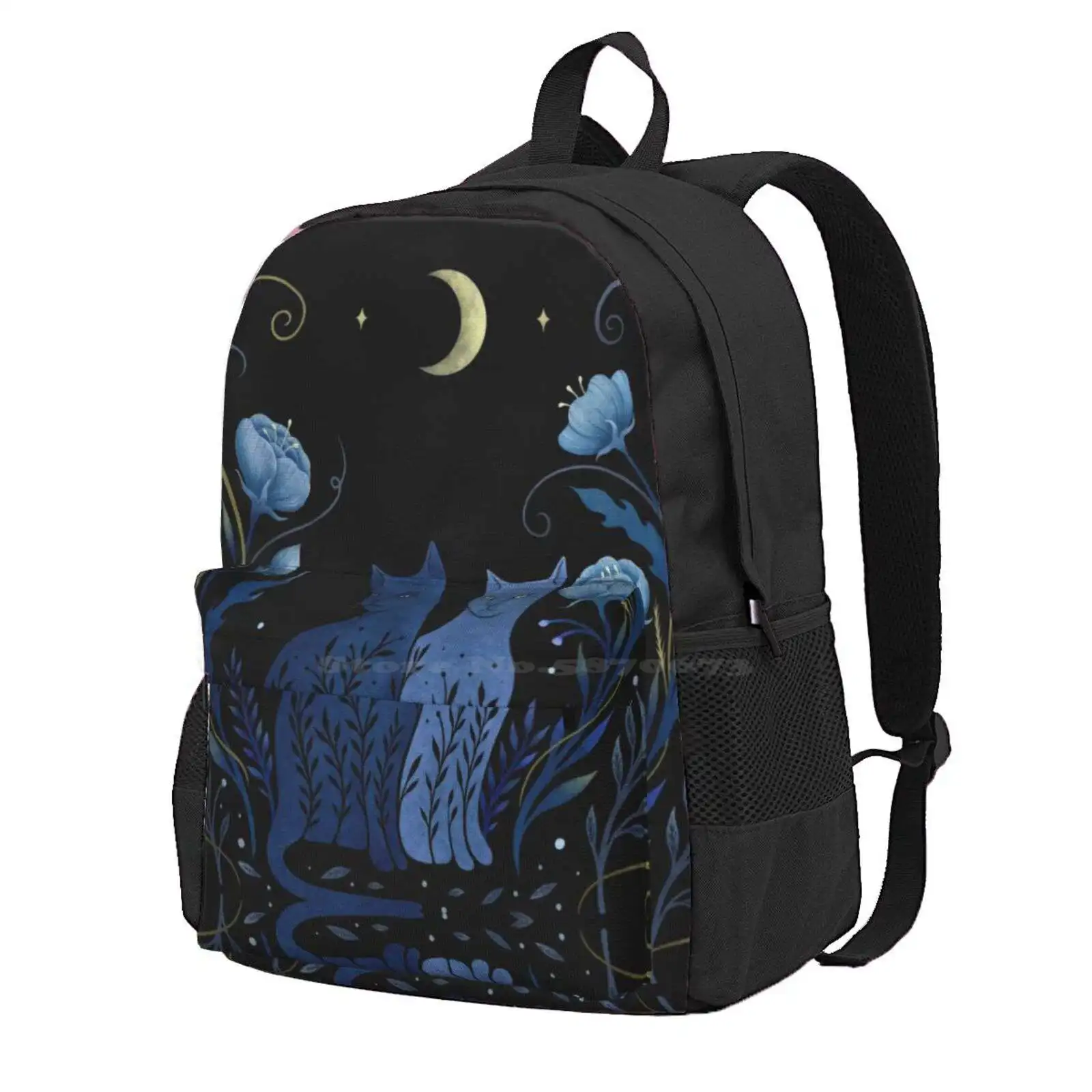 Two Cats Hot Sale Schoolbag Backpack Fashion Bags Night Garden Moon Phase Moon Light Moonshine Flower Kitty Kitten Cat Lover