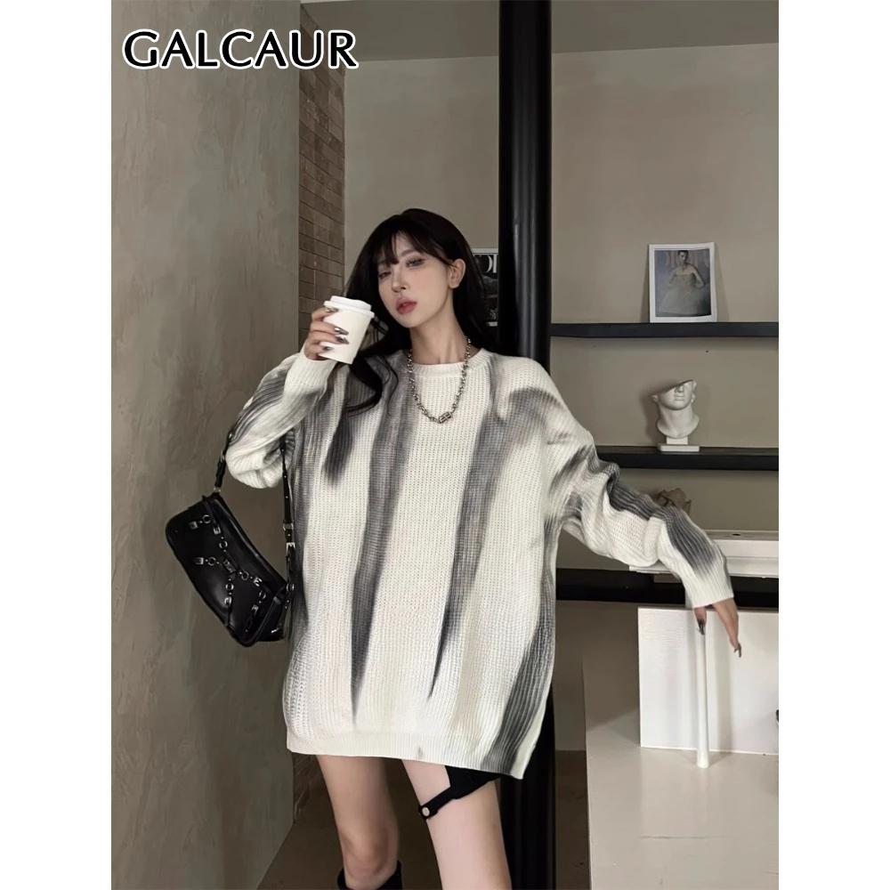 GALCAUR Colorblock Loose High Street Pullovers for Women Round Neck Long Sleeve Patchwork Printing Fashion Top Female Clothing