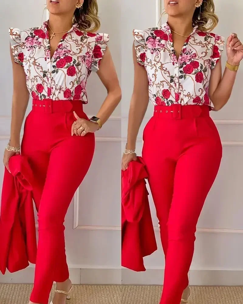 Print Button Flying Sleeve Two Piece Set V-neck Shirt Belt Pants Elegant Suits 2023 Fashion Women Slim Fit Office Lady Blouses