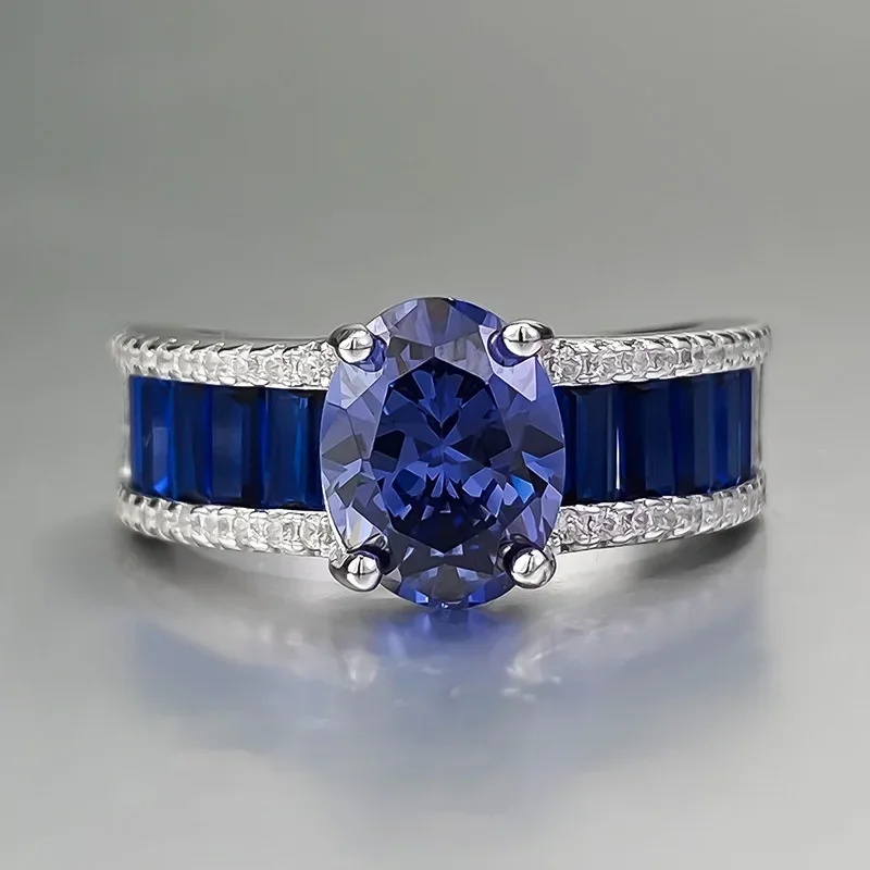 

New S925 Silver Ring Women's 7 * 9mm High End Fashion Oval Tanzanian Blue Band Engagement Jewelry