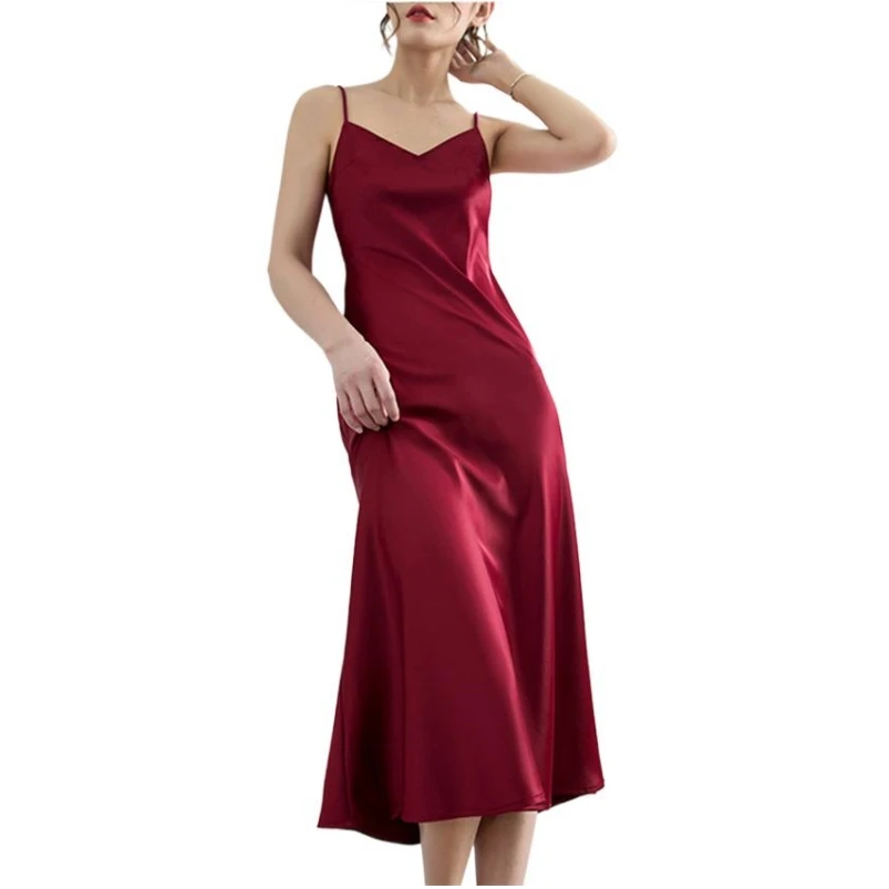 

Women Retro Satin Long Dress Summer Elegant V-Neck Suspender Dress A-Line Basic Bottoming New Fashion OL Chic Clothing Vestidos