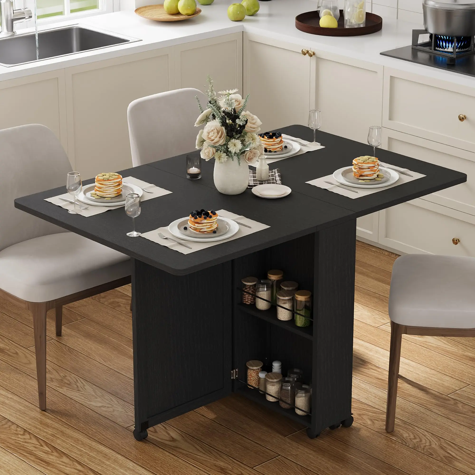Space-Saving Modern Folding Dining Table with Drop Leaf – Drawer & 2-Layer Storage Shelf – 6 Wheels for Mobility – Compact Restaurant & Kitchen Table for Small Apartments