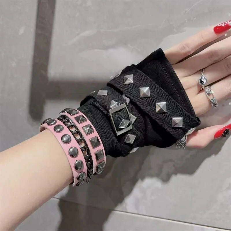 Y2K الألفية الساخن JK الفتيات برشام حزام قفازات الهيب هوب Harajuku أصابع قفازات الشرير القوطية نمط قصيرة الذراع أدفأ الشارع الشهير #6