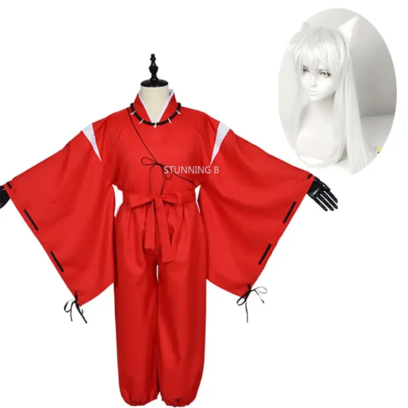 أزياء أنيمي إينوياشا التأثيرية كيمونو أزياء الهالوين للرجال ملابس لعب الأدوار بدلة شعر مستعار للحفلات زي أحمر مجموعة كاملة