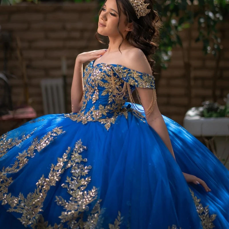 Royal Blue Shiny Off The Shoulder Ball Gown Quinceanera Dress Gold Appliques Lace Beading corsetto Vestidos 15 De XV aecos