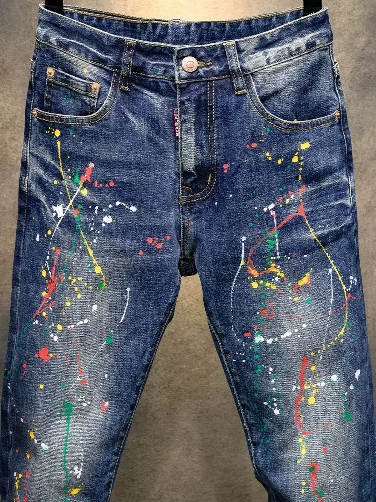 Street Fashion Men Jeans Retro Blue Stretch Slim Ripped Jeans Men Vintage Trousers Painted Designer Hip Hop Denim Pants Hombre