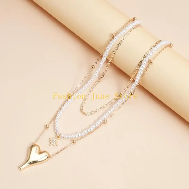 N5KA موضة طبقات قلادة الرقبة مجوهرات مع نجمة القلب غير النظامية واللؤلؤ المقلد لملابس يومية أنيقة #3