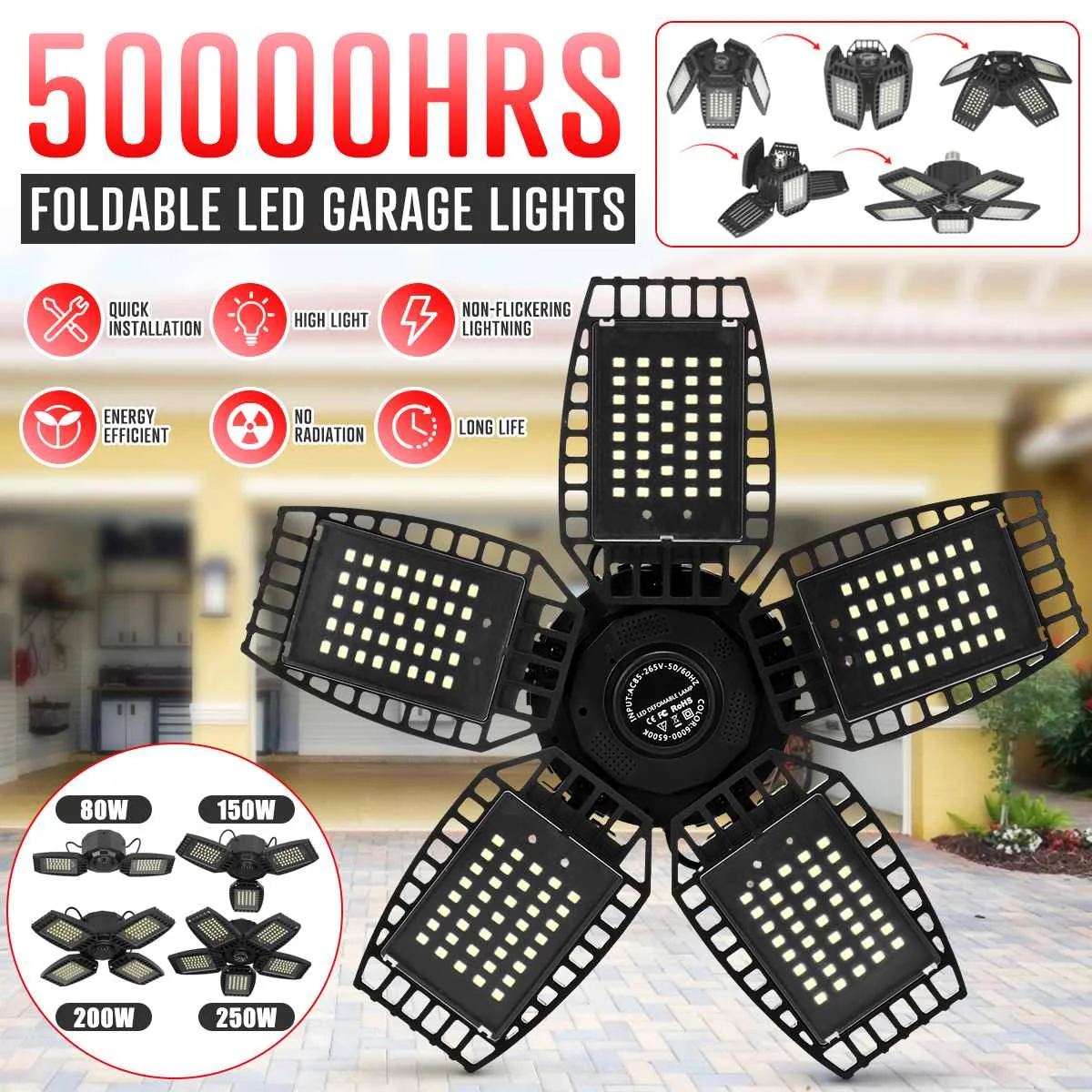 250W/200W LED Garage Light E26/E27 Deformable Ceiling Light Warehouse Lighting Bulb with 5 Adjustable Panels For Home Workshop