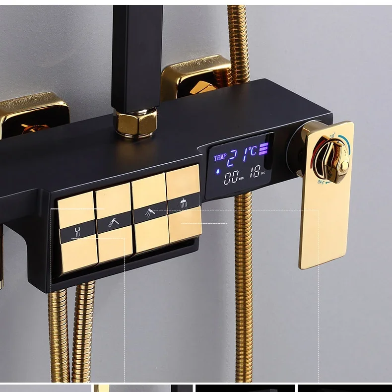 Hot Cold Piano Digital Bathroom Shower System Set 12 Inch Rain Shower Head Black Gold Waterfall Thermostatic Shower Set Faucets