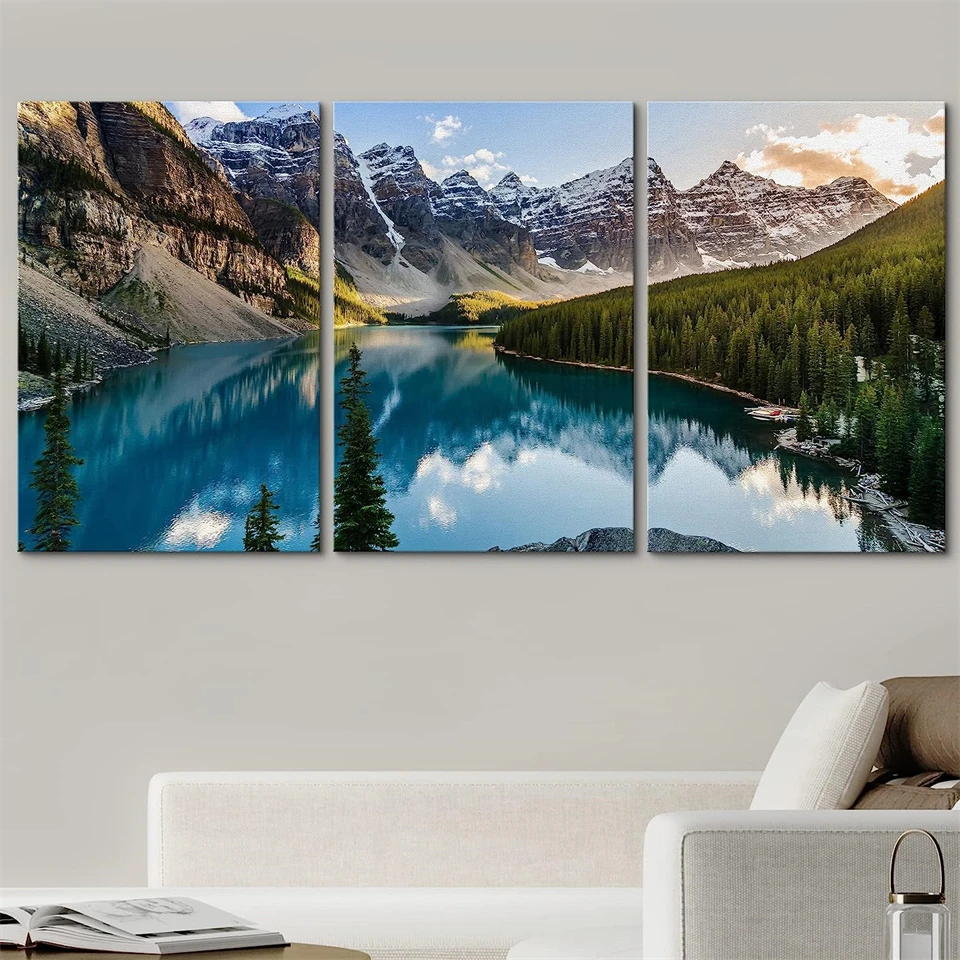 Triptych Diamond Painting Landscape View of Moraine Lake and Mountain Range al tramonto in montagne rocciose canadesi 5d Home Decor