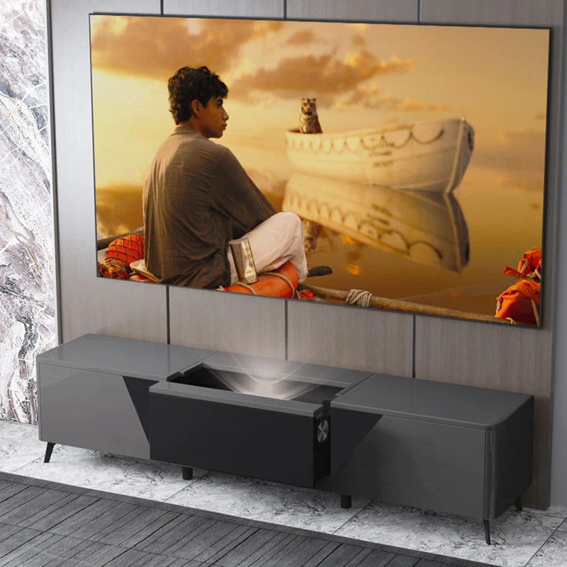 

Modern simple laser TV cabinet front and rear telescopic electric smart projector hidden tray machine rack