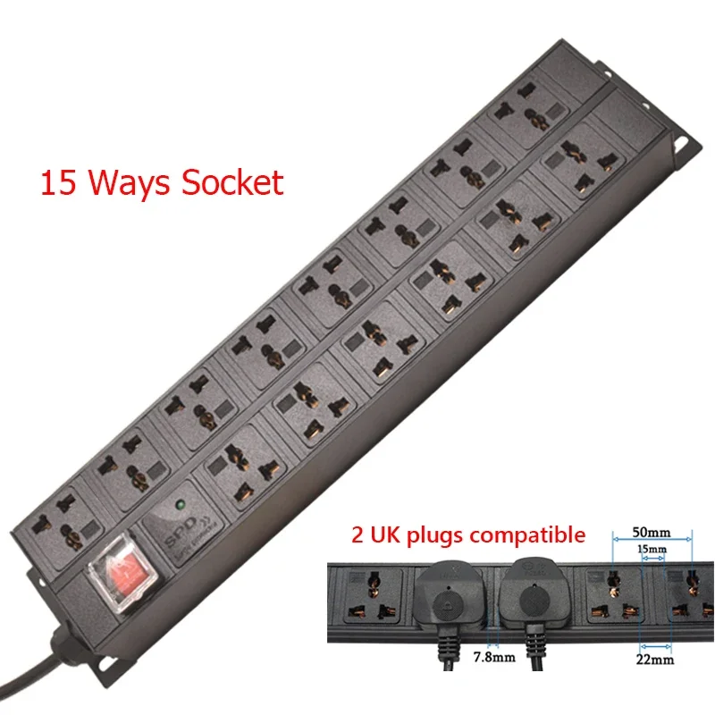 

2U 19inch PDU Power Strip Distribution Unit 15Ways Universal Socket Surge protection double break switch aluminum alloy shell