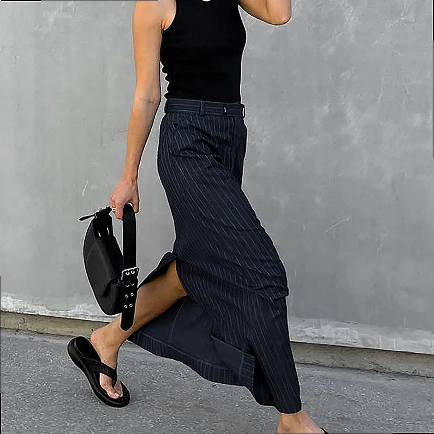 French Style Striped Pencil Skirt Women High Slit Bodycon Office Work Skirts Spring Summer