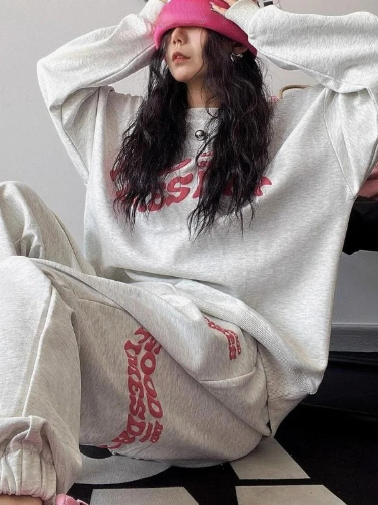 Two Pieces Set Casual Sports Grunge Hip Hop O Neck Sweatshirts + Fashion Y2k Letter Embroidery Streetwear Women Loose Sweatpants