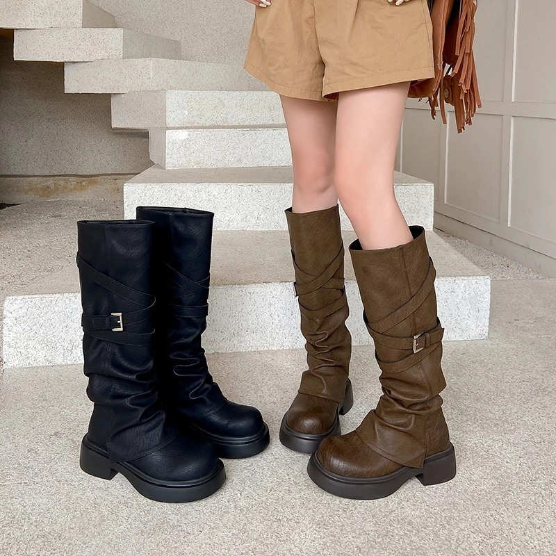 

2025 г., хит продаж, женские высокие рыцарские сапоги на толстом каблуке, модные сапоги до колена без шнуровки, осенне-зимние ботинки