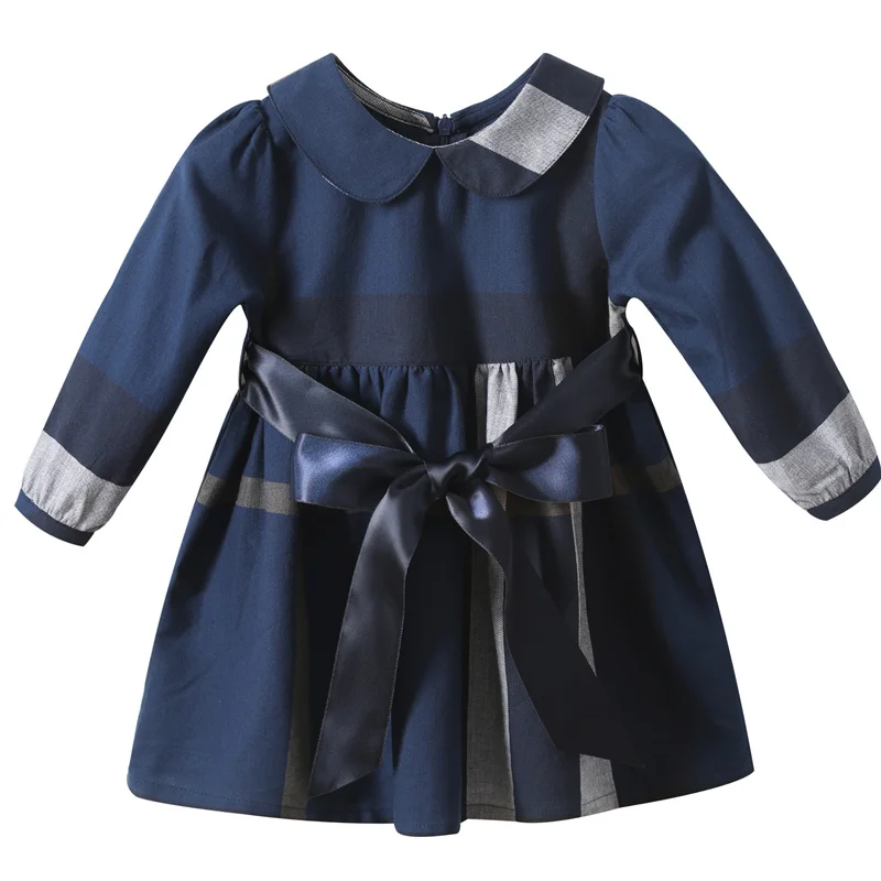 Fashion Long Sleeve Girl Dress Plaid Casual Wear Belt British Style Dress Cotton Kids Clothing Children\'s Wear Summer 1-6 Years