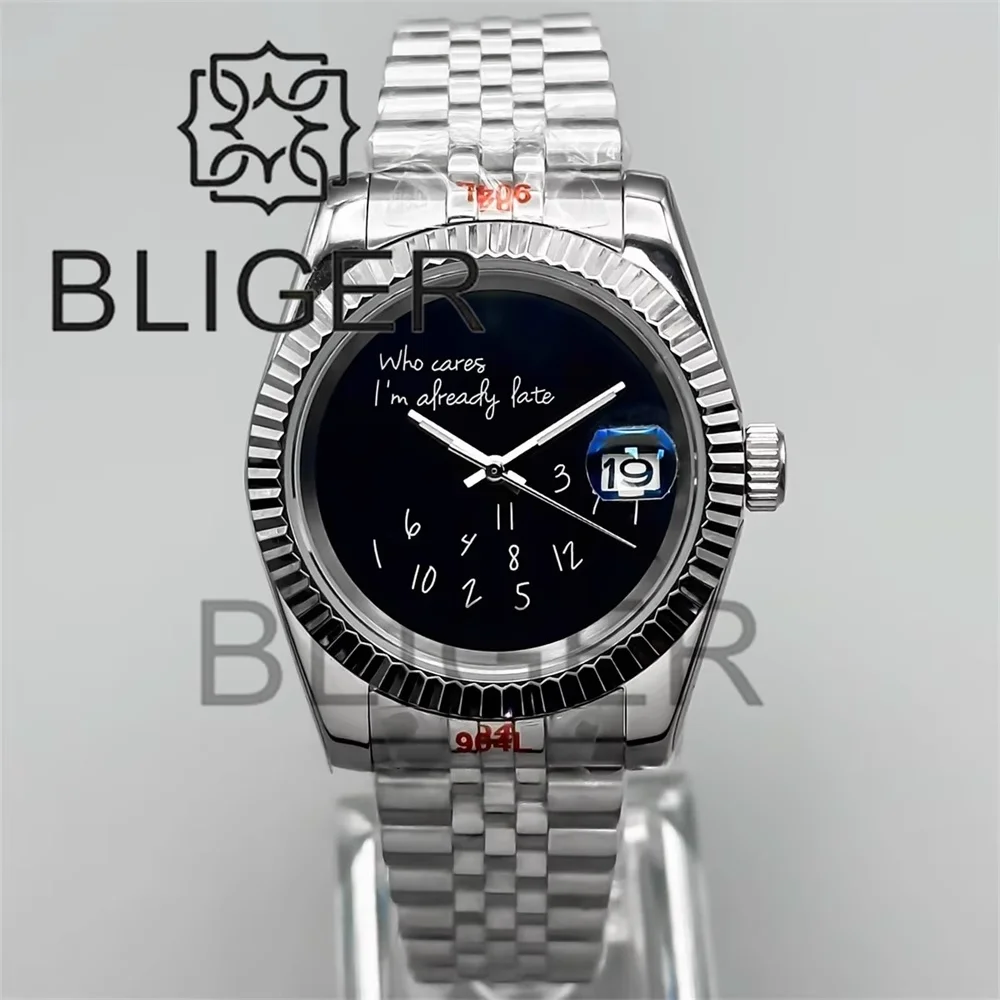 BLIGER 36mm39mm NH35 นาฬิกาผู้ชาย WHO Cares IM แล้วสายนาฬิกา Blue Text Dial สีเขียว Luminous Sapphire Glass 10bar กันน้ํา