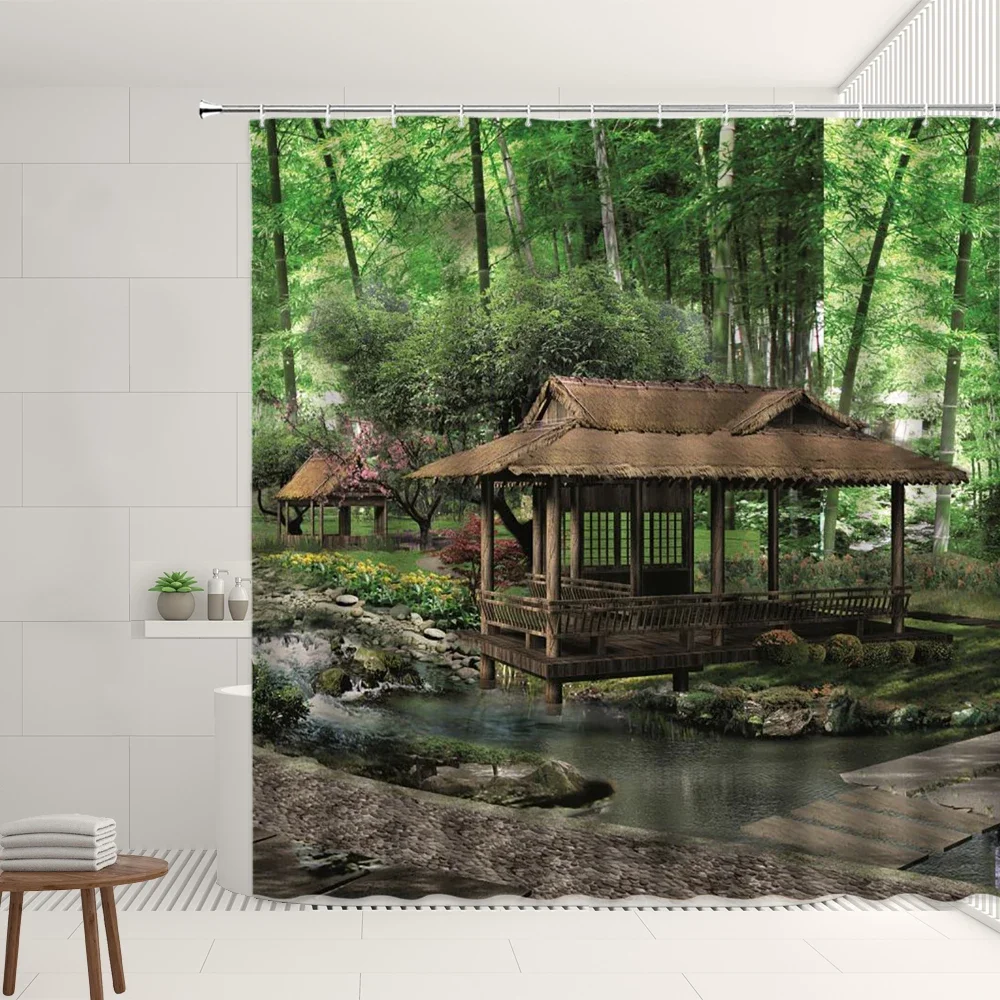 Forest Scenery Shower Curtain Garden  Pond Goldfish Green Plants Tree Wooden House Living Room Bedroom Decor Bathroom Screen Set