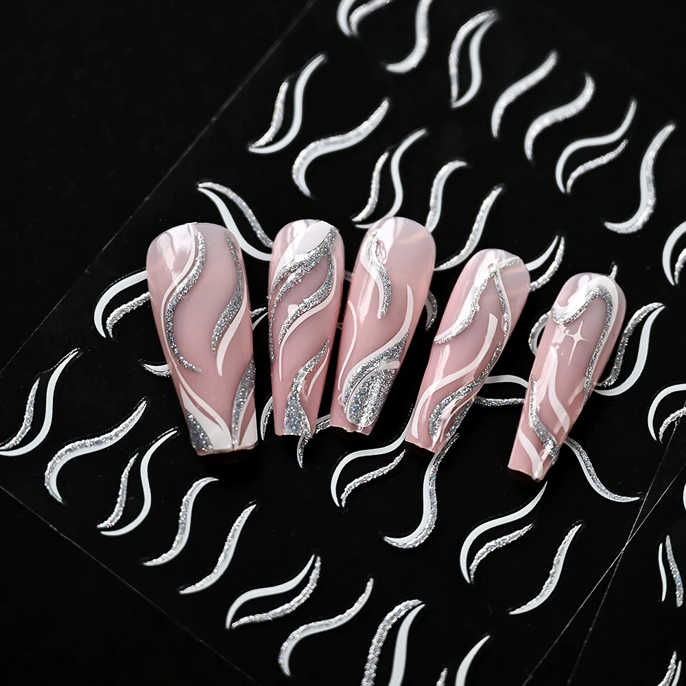 1 Uds. Pegatinas 3D de líneas de brillo francés para decoración de uñas, pegatinas láser doradas/plateadas onduladas autoadhesivas con raya deslizante, calcomanías de manicura de lujo *