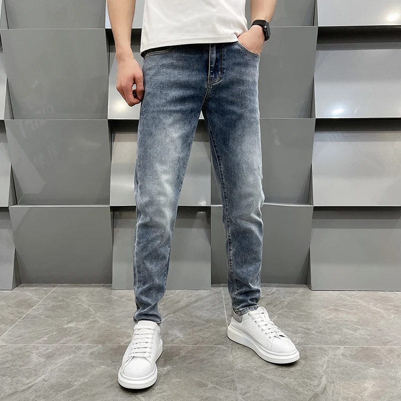 Light luxury all-matching jeans men's street fashion simple casual elastic trend Korean high-end slim fit tapered pants