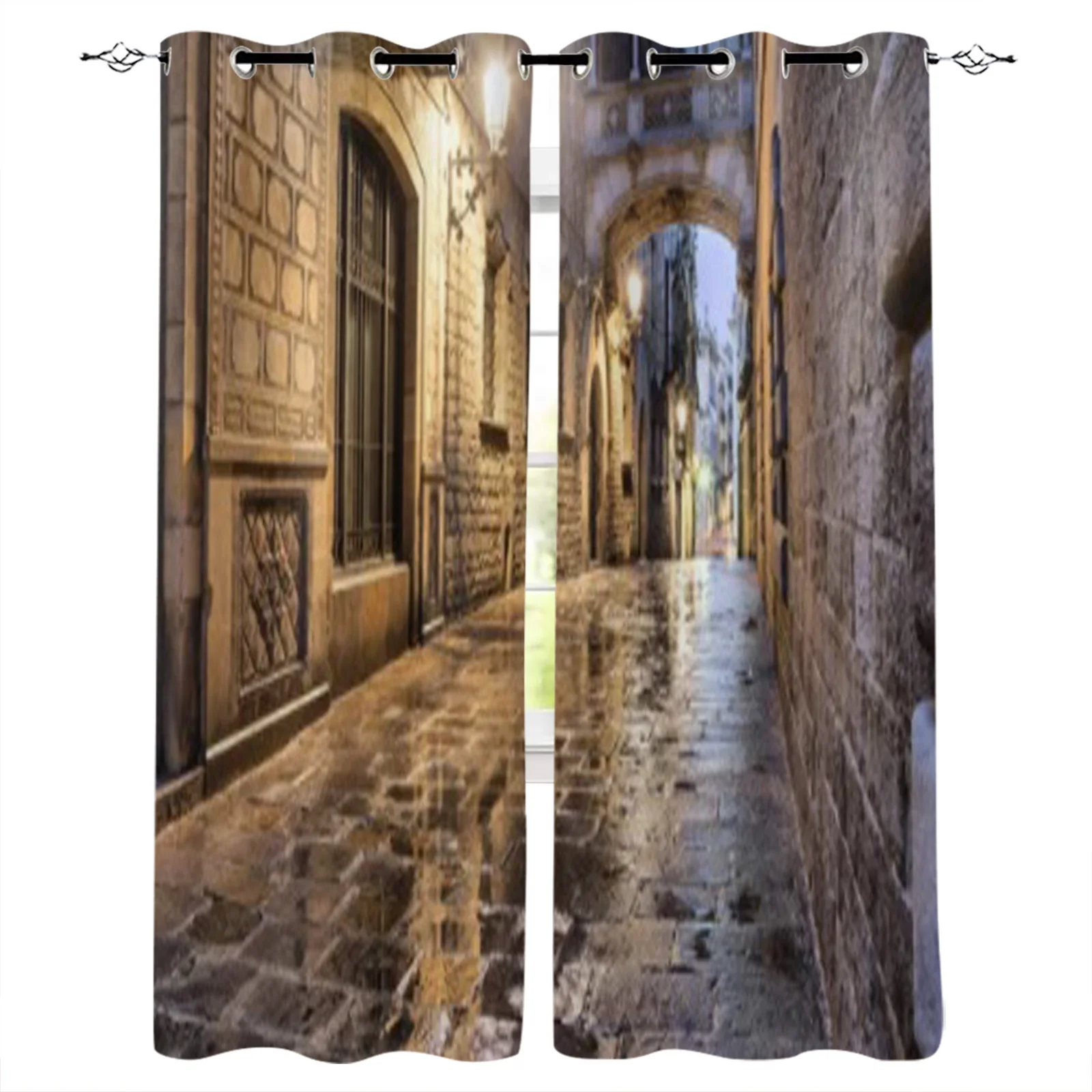 Narrow Street Carrer Del Bisbe In Gothic Quarter Barcelona Spain Curtains For Bedroom Window Curtains for Living Room Drapes