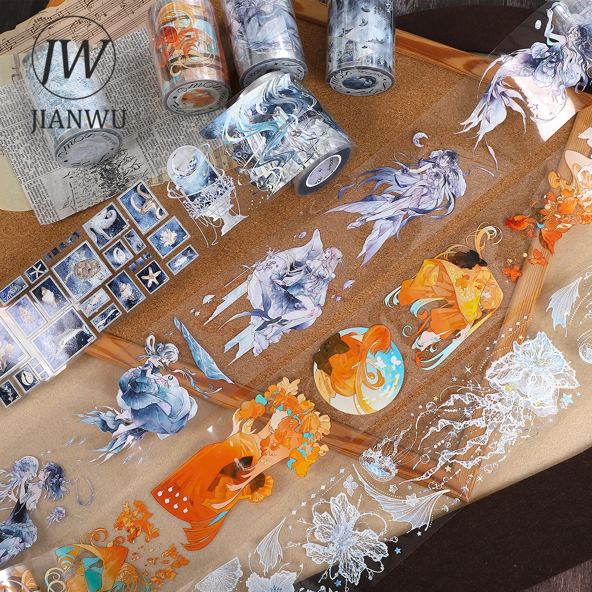 JIANWU 1000cm Vintage Character Ocean Jellyfish Landscaping Material Collage PET Tape Creative DIY Journal Stationery